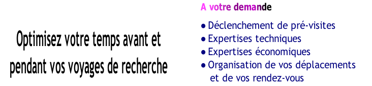 Déclenchement de pré-visites
Expertises techniques
Expertises économiques
Organisation de vos déplacements
    et de vos rendez-vous
